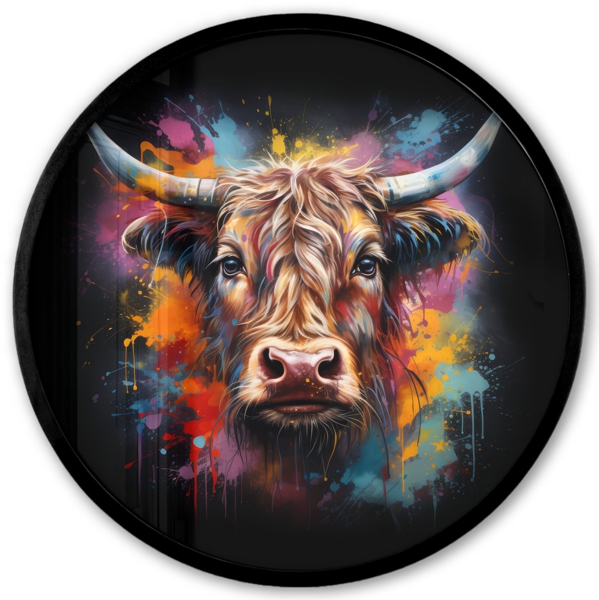 FrameYourWall Poster in lijst Rond - Fotolijst 40x40 cm - Posters - Graffiti - Schotse hooglander - Zwart - Koe - Ronde posterlijst zwart - Decoratie - Wanddecoratie woonkamer - Muurdecoratie slaapkamer Multi