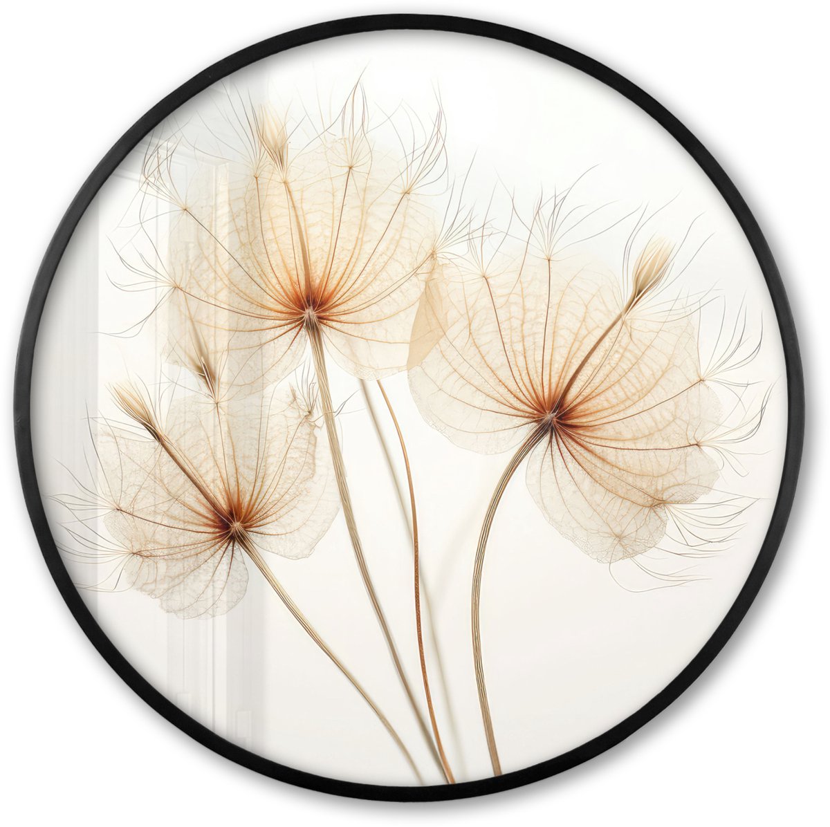 FrameYourWall Poster in lijst Rond - Fotolijst 80x80 cm - Posters - Zonlicht - Paardenbloemen - Natuur - Botanisch - Ronde posterlijst zwart - Decoratie - Wanddecoratie woonkamer - Muurdecoratie slaapkamer