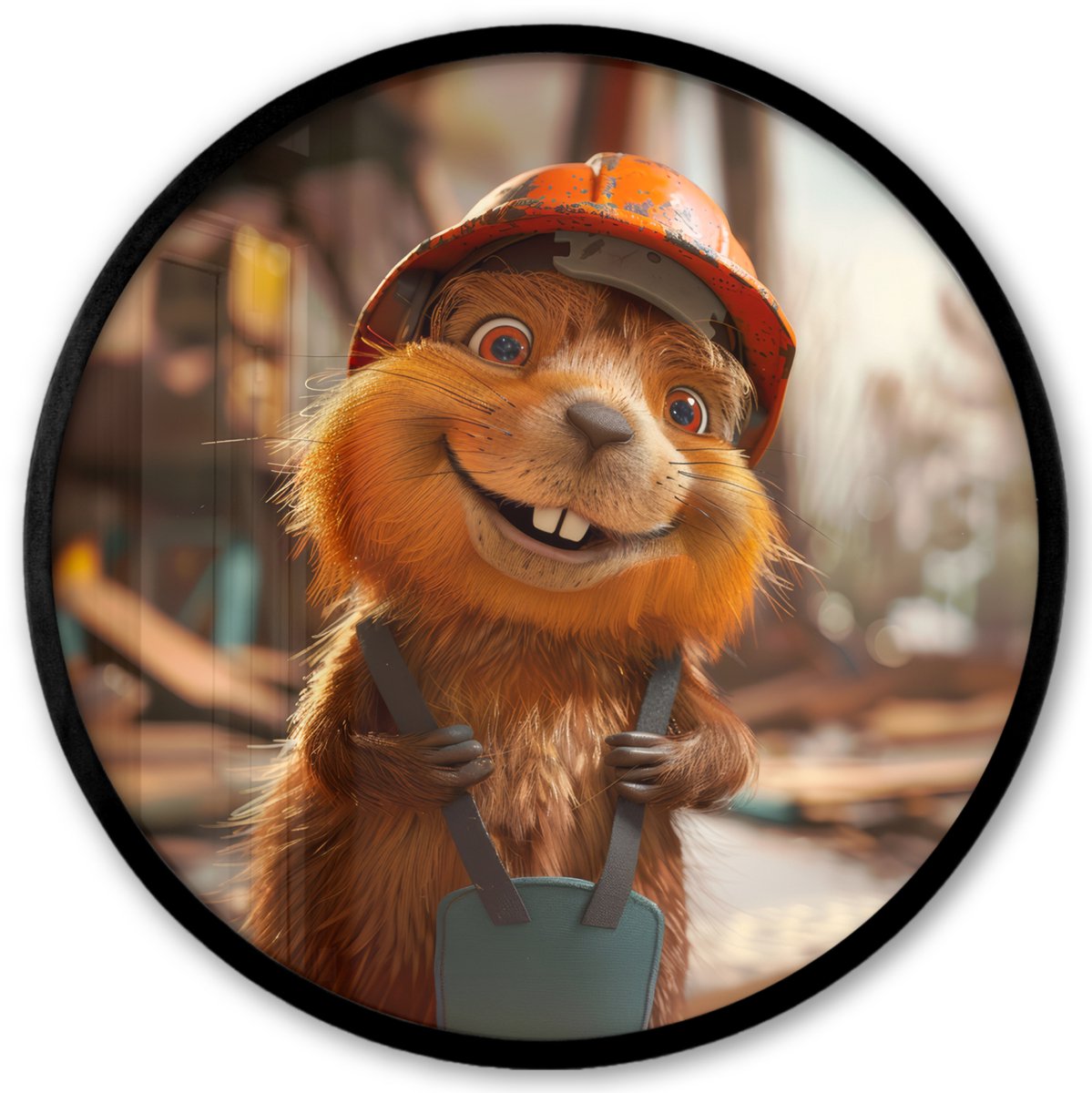 FrameYourWall Poster in lijst Rond - Fotolijst 40x40 cm - Posters - Bever - Bouw - Bouwhelm - Dier - Ronde posterlijst zwart - Decoratie - Wanddecoratie woonkamer - Muurdecoratie slaapkamer