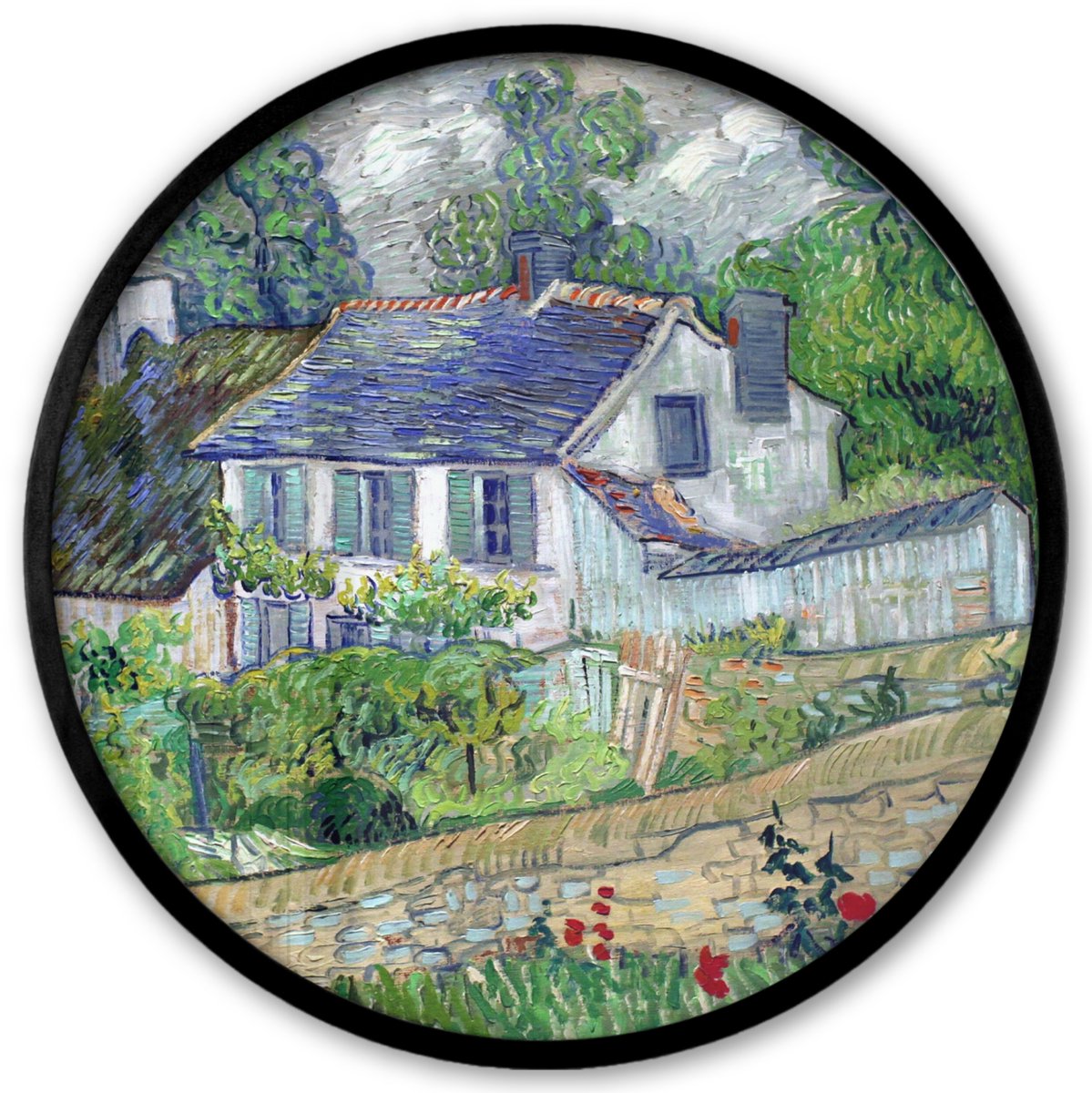 FrameYourWall Poster in lijst Rond - Fotolijst 40x40 cm - Posters - Huis in Auvers - Vincent van Gogh - Ronde posterlijst zwart - Decoratie - Wanddecoratie woonkamer - Muurdecoratie slaapkamer Multicolor