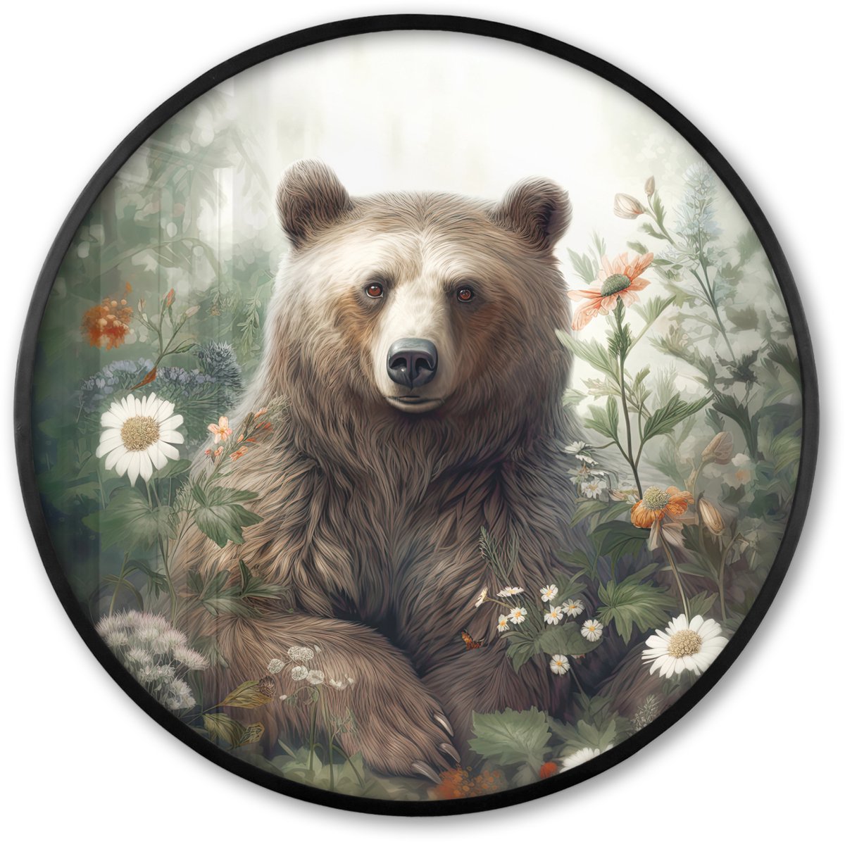FrameYourWall Poster in lijst Rond - Fotolijst 80x80 cm - Posters - Bruine beer - Wilde dieren - Bloemen - Planten - Ronde posterlijst zwart - Decoratie - Wanddecoratie woonkamer - Muurdecoratie slaapkamer Tijger - Botanisch