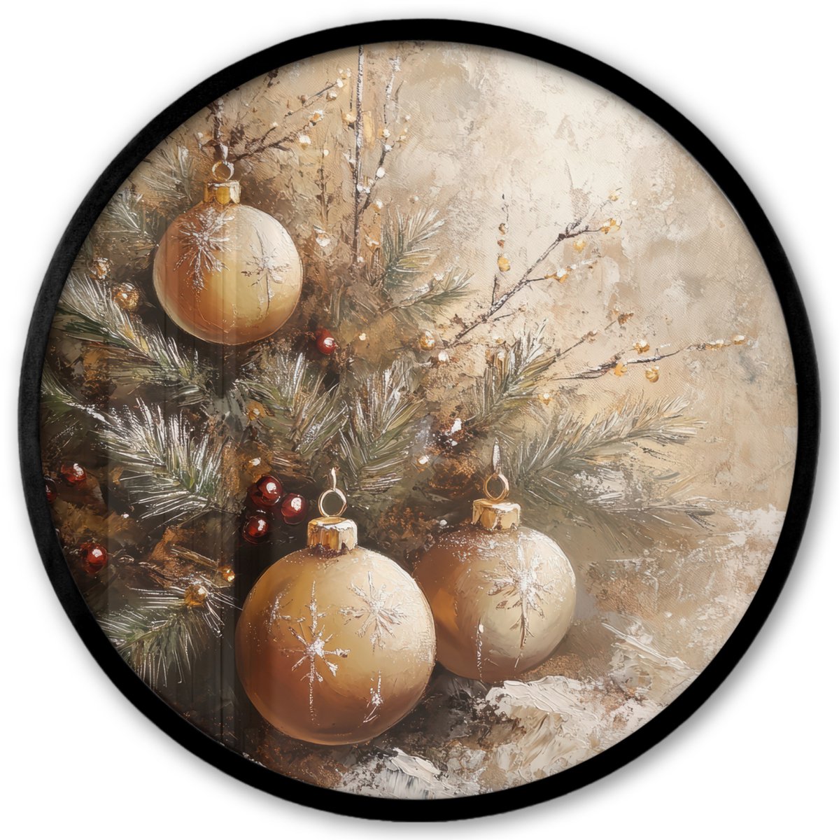FrameYourWall Poster in lijst Rond - Fotolijst 40x40 cm - Posters - Kerst - Kerstballen - Beige - Goud - Ronde posterlijst zwart - Decoratie - Wanddecoratie woonkamer - Kerstdecoratie voor binnen - Kerstversiering - Kerstmis versiering in huis - Kerstaccessoires