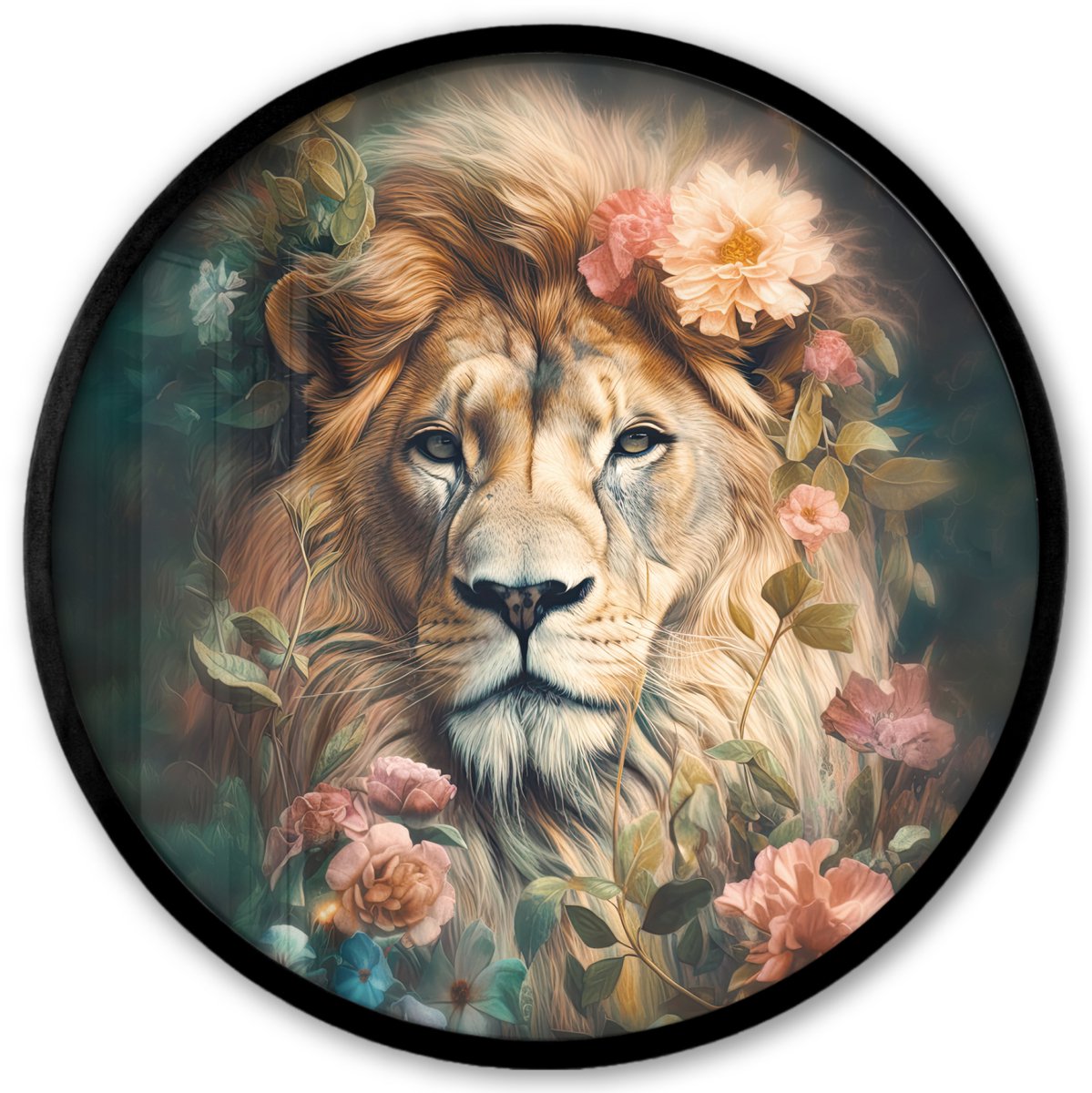 FrameYourWall Poster in lijst Rond - Fotolijst 40x40 cm - Posters - Leeuw - Leeuwenkop - Wilde dieren - Bloemen - Ronde posterlijst zwart - Decoratie - Wanddecoratie woonkamer - Muurdecoratie slaapkamer Leeuw - Bloemen
