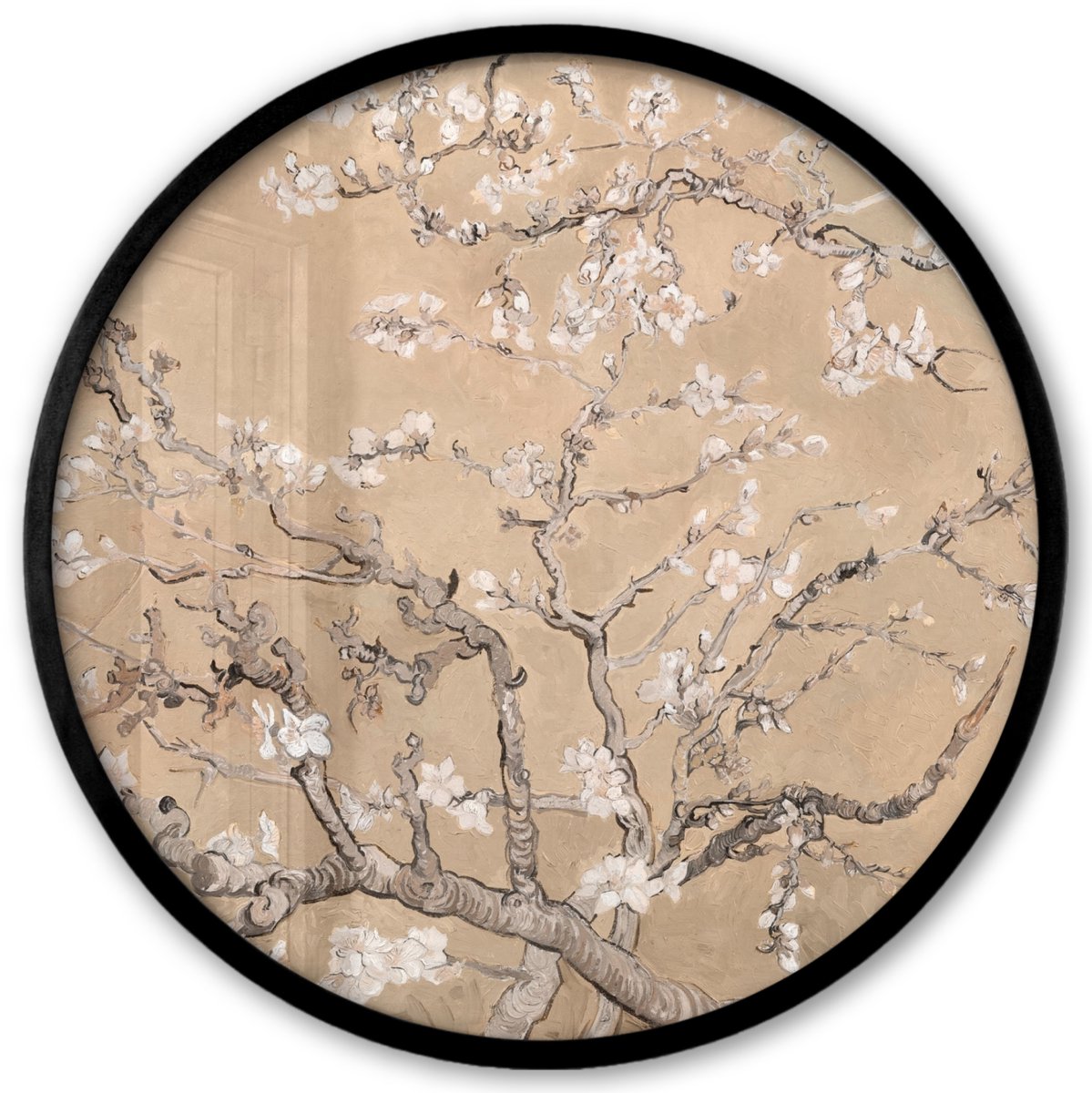 FrameYourWall Poster in lijst Rond - Fotolijst 40x40 cm - Posters - Amandelbloesem - Kunst - Van Gogh - Beige - Ronde posterlijst zwart - Decoratie - Wanddecoratie woonkamer - Muurdecoratie slaapkamer