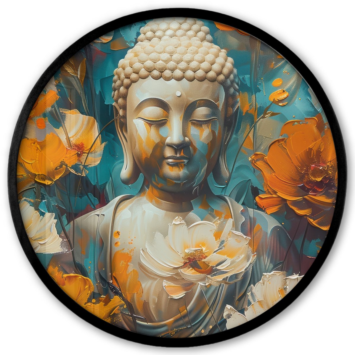 FrameYourWall Poster in lijst Rond - Fotolijst 40x40 cm - Posters - Buddha - Bloemen - Kleurrijk - Modern - Ronde posterlijst zwart - Decoratie - Wanddecoratie woonkamer - Muurdecoratie slaapkamer