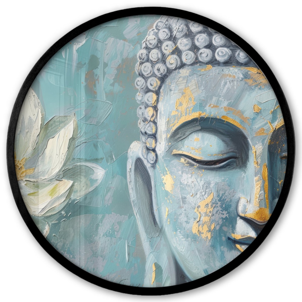 FrameYourWall Poster in lijst Rond - Fotolijst 40x40 cm - Posters - Boeddha - Bloem - Lotus - Goud - Blauw - Ronde posterlijst zwart - Decoratie - Wanddecoratie woonkamer - Muurdecoratie slaapkamer