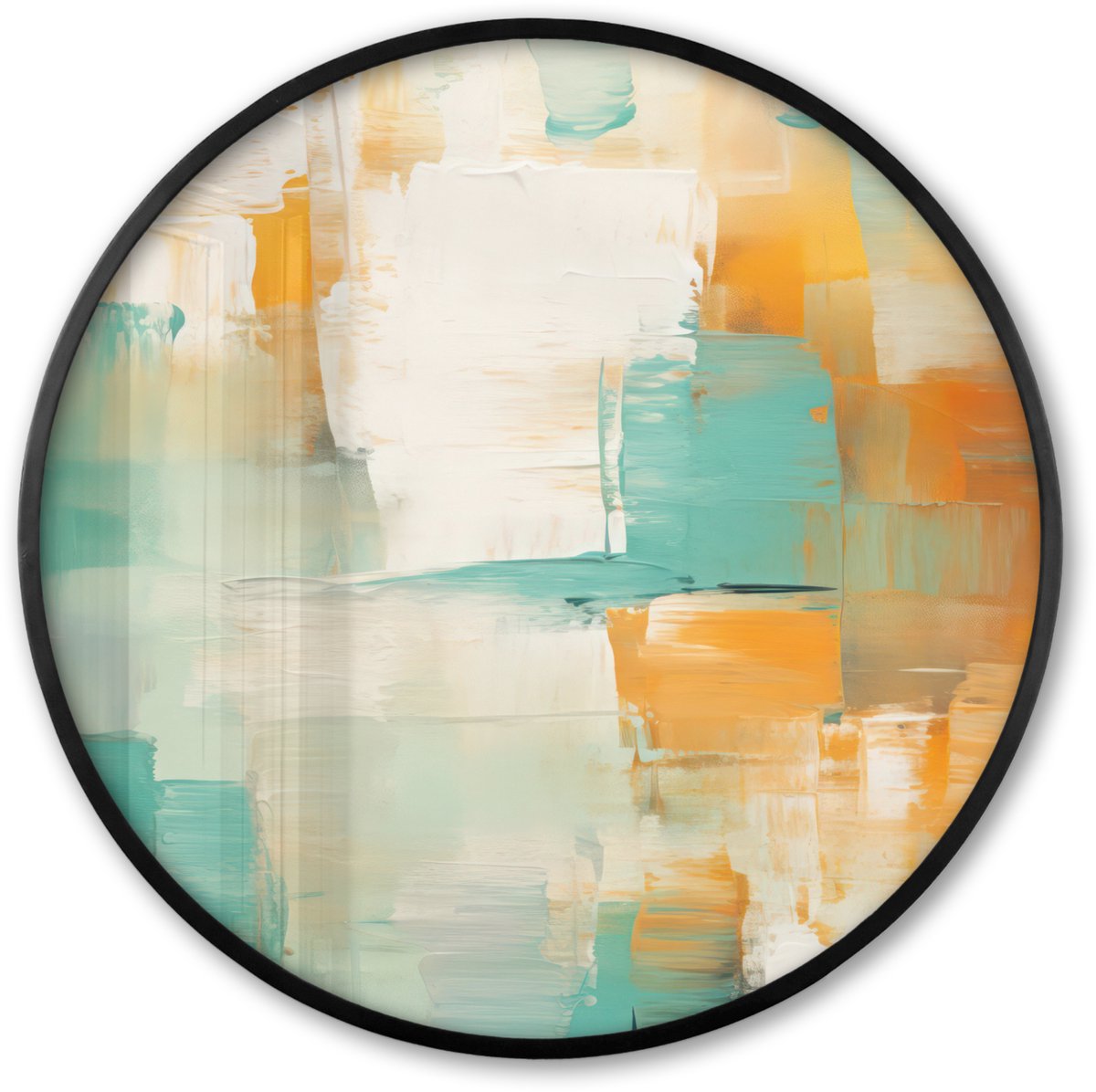 FrameYourWall Poster in lijst Rond - Fotolijst 60x60 cm - Posters - Kunst - Abstract - Blauw - Wit - Ronde posterlijst zwart - Decoratie - Wanddecoratie woonkamer - Muurdecoratie slaapkamer Abstracte verf - Modern