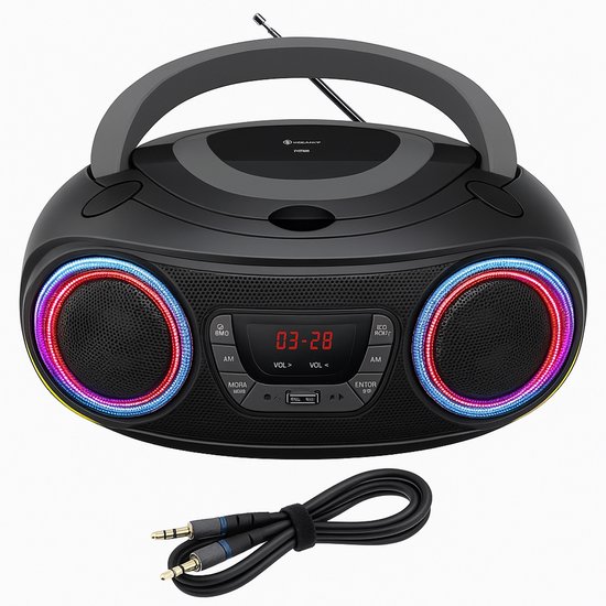 Denver Draagbare Bluetooth Radio CD Speler – Kinderen & Volwassenen & Ouderen – Lichteffecten – Boombox – AUX – FM – Noodradio- Werkt ook op Batterijen – Keuken -Zwart