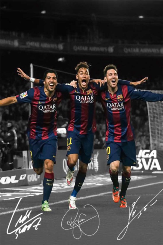Lionel Messi, Neymar et Luis Suárez en tenue du FC Barcelone, signatures, célébrant sur le terrain.