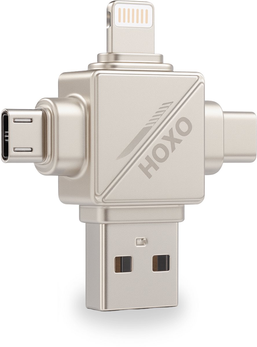 SD Kaart lezer 4 in 1 - Micro SD kaart Lezer - Geschikt voor Lightning - USB C - Micro USB - USB A - Gegevensoverdracht - Geschikt voor Smartphones, Tablets & Computers