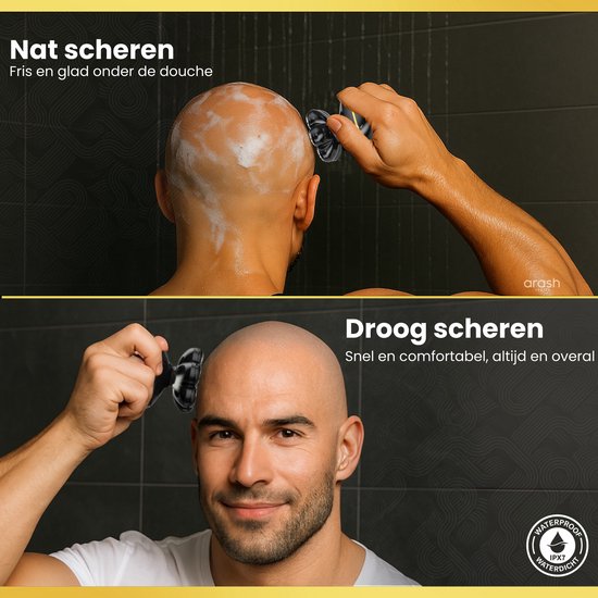Man scheert hoofd onder de douche met arash scheerapparaat. Man scheert hoofd droog met arash scheerapparaat.