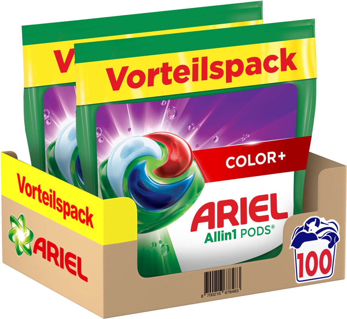 Ariel All-in-1 Wasmiddel Pods Color+ - 2 x 50 stuks - Krachtige Vlekverwijdering Vanaf de 1ste Wasbeurt