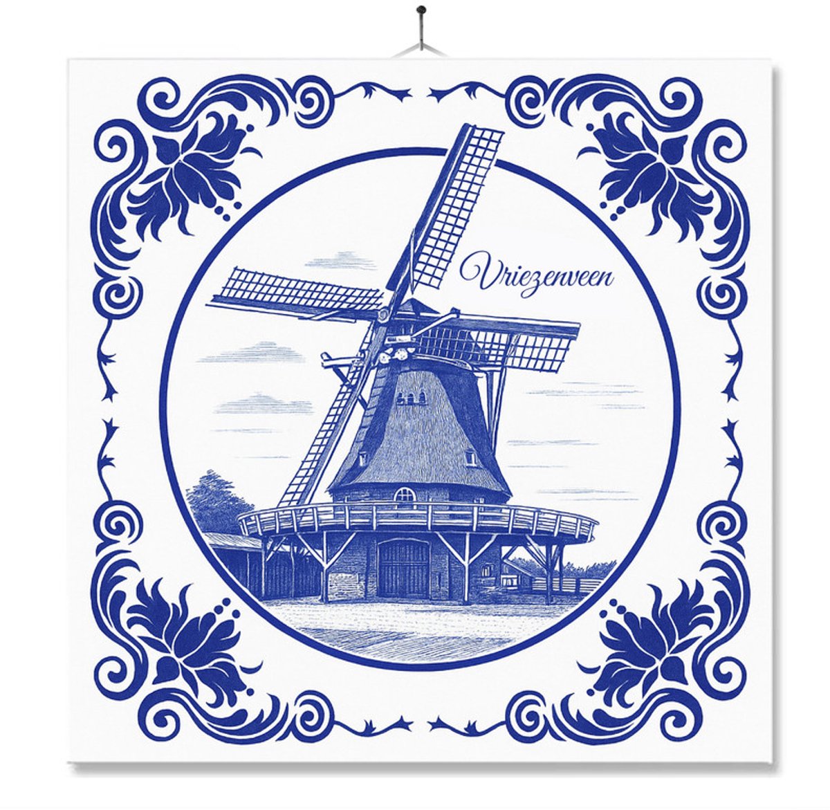 Tegel Met Opdruk | Vriezenveen | Delft Blauw | Cadeau | Inclusief Geschenkdoos | Standaard | Ophangsysteem