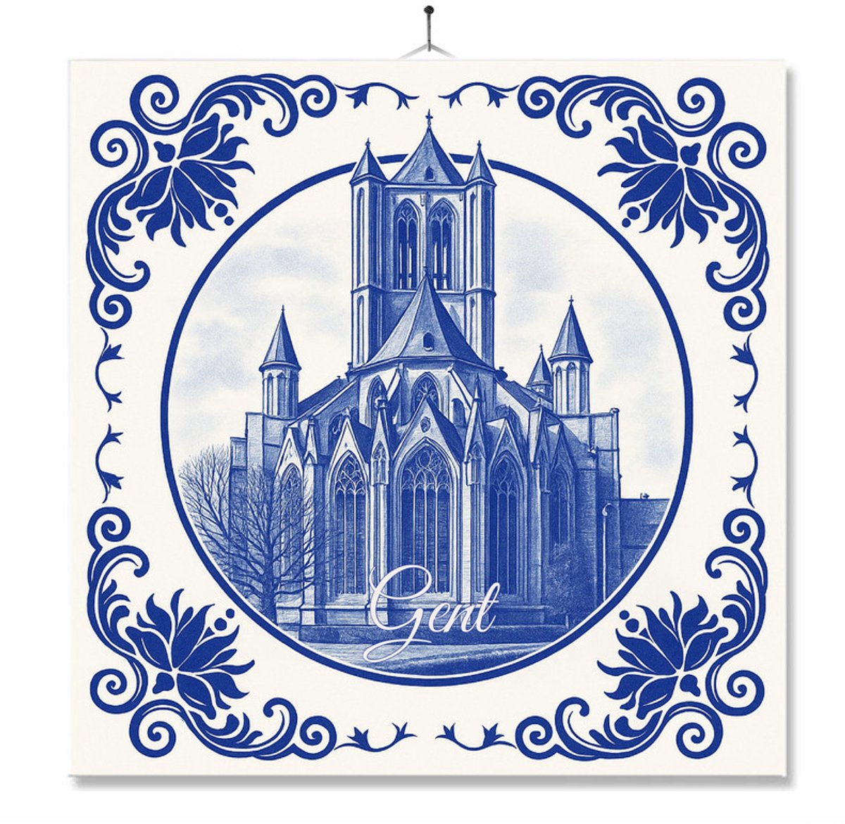 Tegel Met Opdruk | Gent | Delft Blauw | Cadeau | Inclusief Geschenkdoos | Standaard | Ophangsysteem