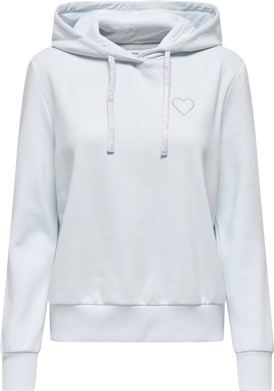 Lichtblauwe hoodie met capuchon, zilverkleurige glimmende trekkoorden en een zilverkleurig hartje op de borst.