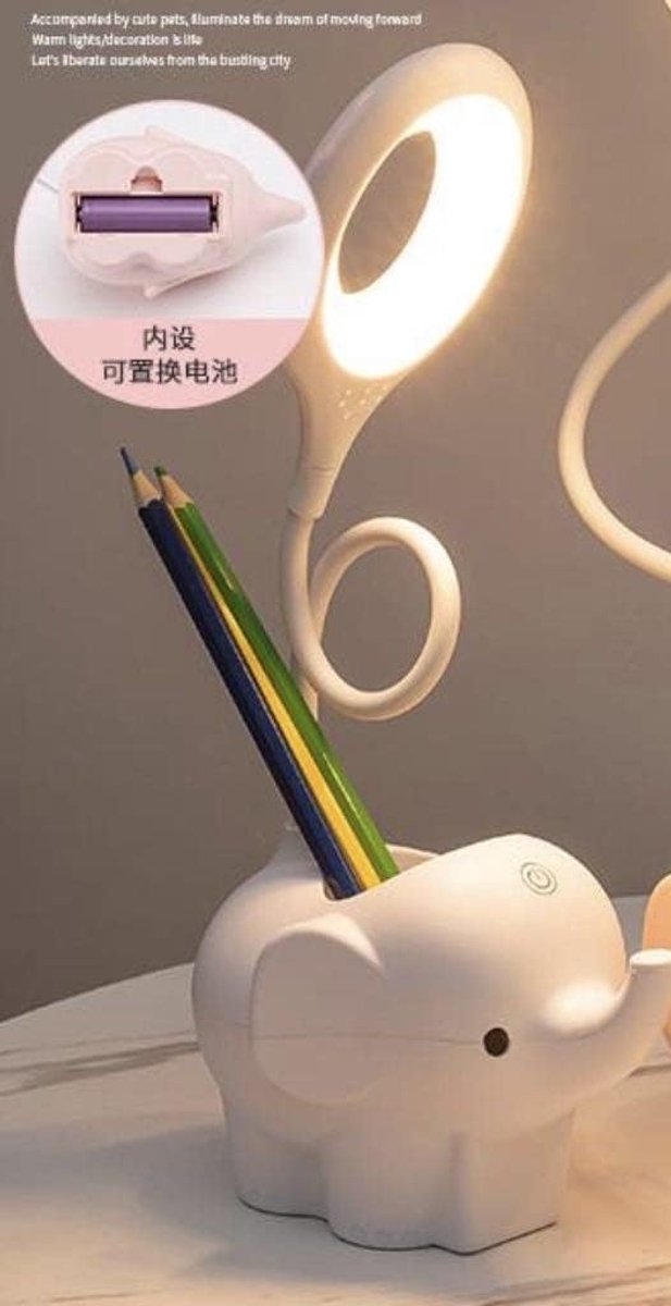 LED Touch Bureaulamp met Oplaadbare Batterij en Olifantenmotief voor Kinderen - 3 Lichttemperaturen, Ideaal voor Telewerk en Studie - Wit — afbeelding 4