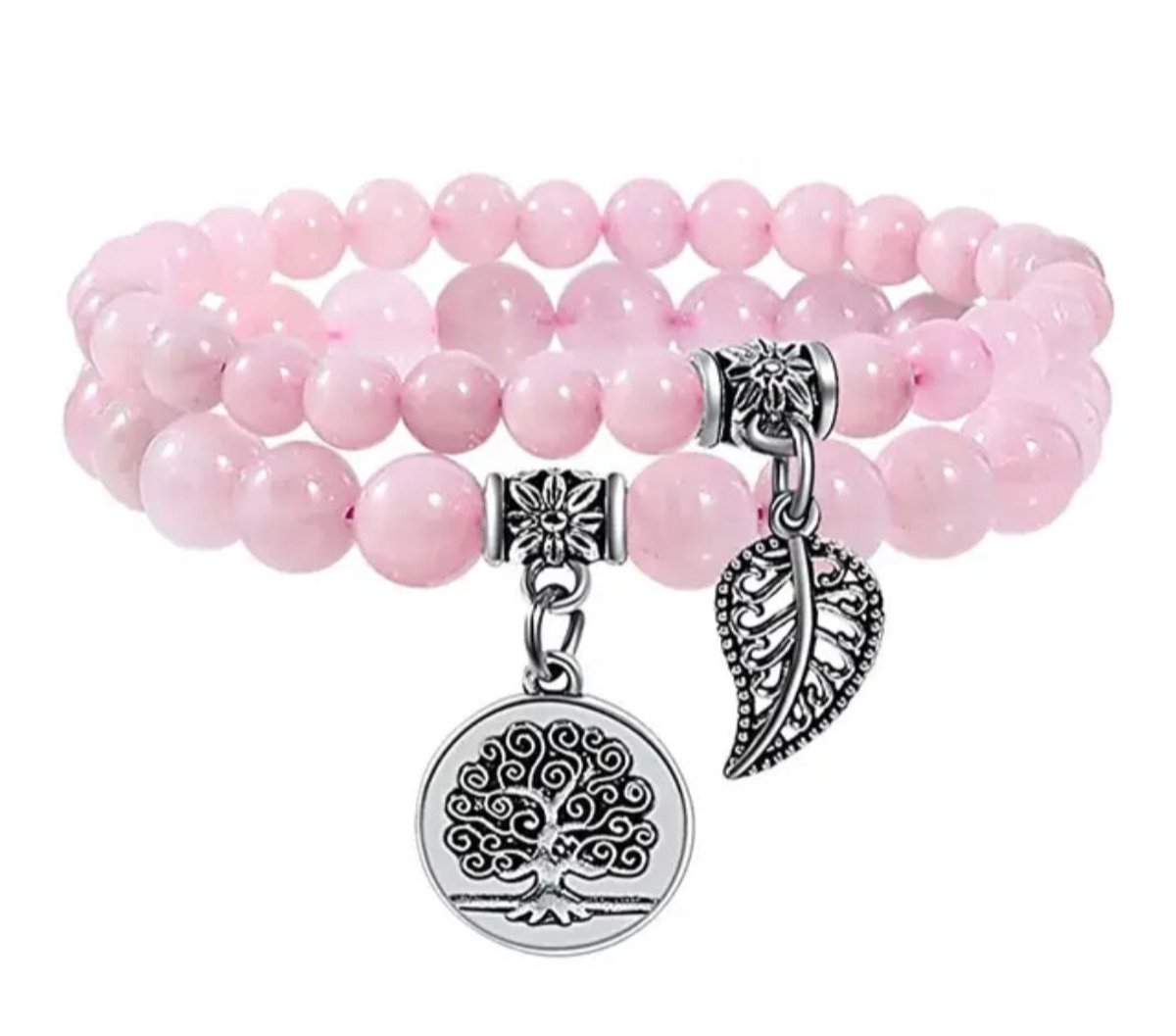S4H® Rozenkwarts Armband met Boom des Levens & Blad Hanger – Liefde, Harmonie & Zelfliefde – Handgemaakt van Natuurlijke Edelstenen (2-delige set)