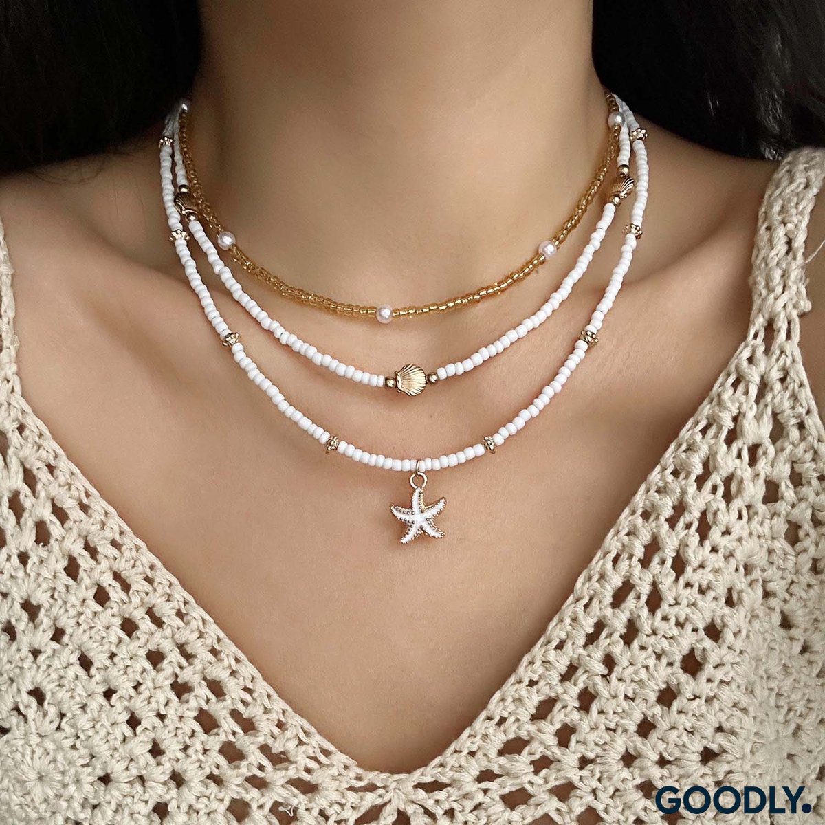 3-delige Dames Ketting Set - Schelp, Ster & Parel Hangers - Kralen Ketting Goudkleurig Dames - Zomer Sieraden Strandlook - Perfect voor Vakantie, Festival, School & Boho Outfit — afbeelding 4