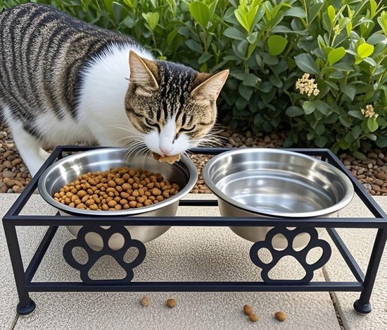 Verhoogde dubbele voerbak voor Katten en Kleine Honden - Op standaard - Zwart ijzer – RVS Bakken - Eet- en Drinkbak – Dubbele Katten Voerbak – Kattenvoer- & Drinkbakken – Hondenvoer- & Drinkbakken – Verhoogd – Ergonomisch Ontwerp - Hoge voerbak