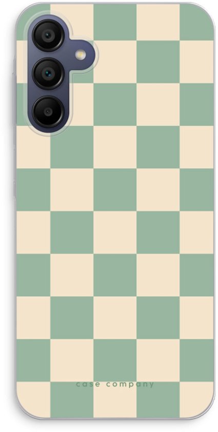 Doorzichtig telefoonhoesje met groen-beige ruitjespatroon.