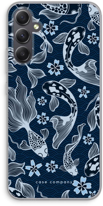 Telefoonhoesje met donkerblauwe achtergrond en een wit patroon van vissen en bloemen.