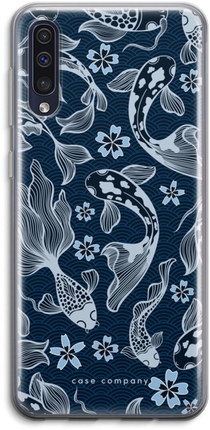 Samsung Galaxy A50 hoesje met nachtblauwe achtergrond, witte koi karpers en bloemen.