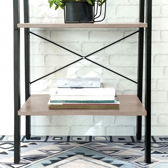 Detail van de middelste planken van een greige ladderrek, met boeken en een plant.