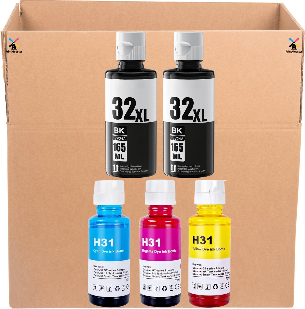 Image of "5 flessen compatibele inkt voor HP 31 HP 32XL Compatibel met HP Smart Tank 5105 7005 7305 5106 5108, Inkt 31 32 XL voor Smart Tank 7005 7605 7006 7306 455 515 519 530 558 559 570 6 655 670 750 790 Printer (2 ZWARTE XL HP 32XL + HP 31 CYAAN + HP 31 M