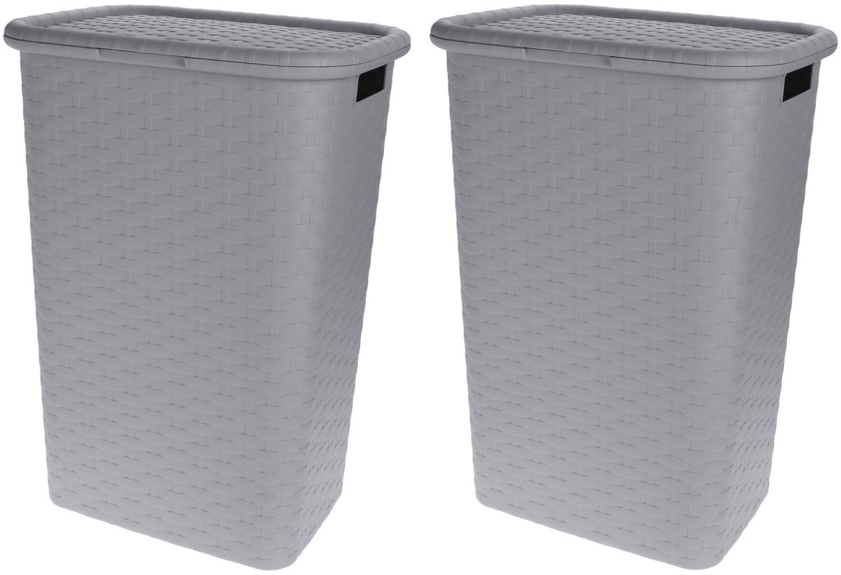 Storage Solutions Wasmand - 2x stuks - rotan - met deksel - grijs - 60 liter - 33 x 44 x 60 cm - gevlochten kunststof