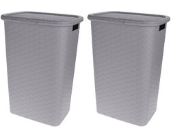 Storage Solutions Wasmand - 2x stuks - rotan - met deksel - grijs - 60 liter - 33 x 44 x 60 cm - gevlochten kunststof