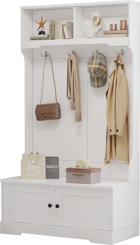 Banc d'entrée Merax Witte avec rangement - Armoire avec 4 Crochet - 2 compartiments ouverts et Portes à fermeture douce - 101,5 x 183 cm