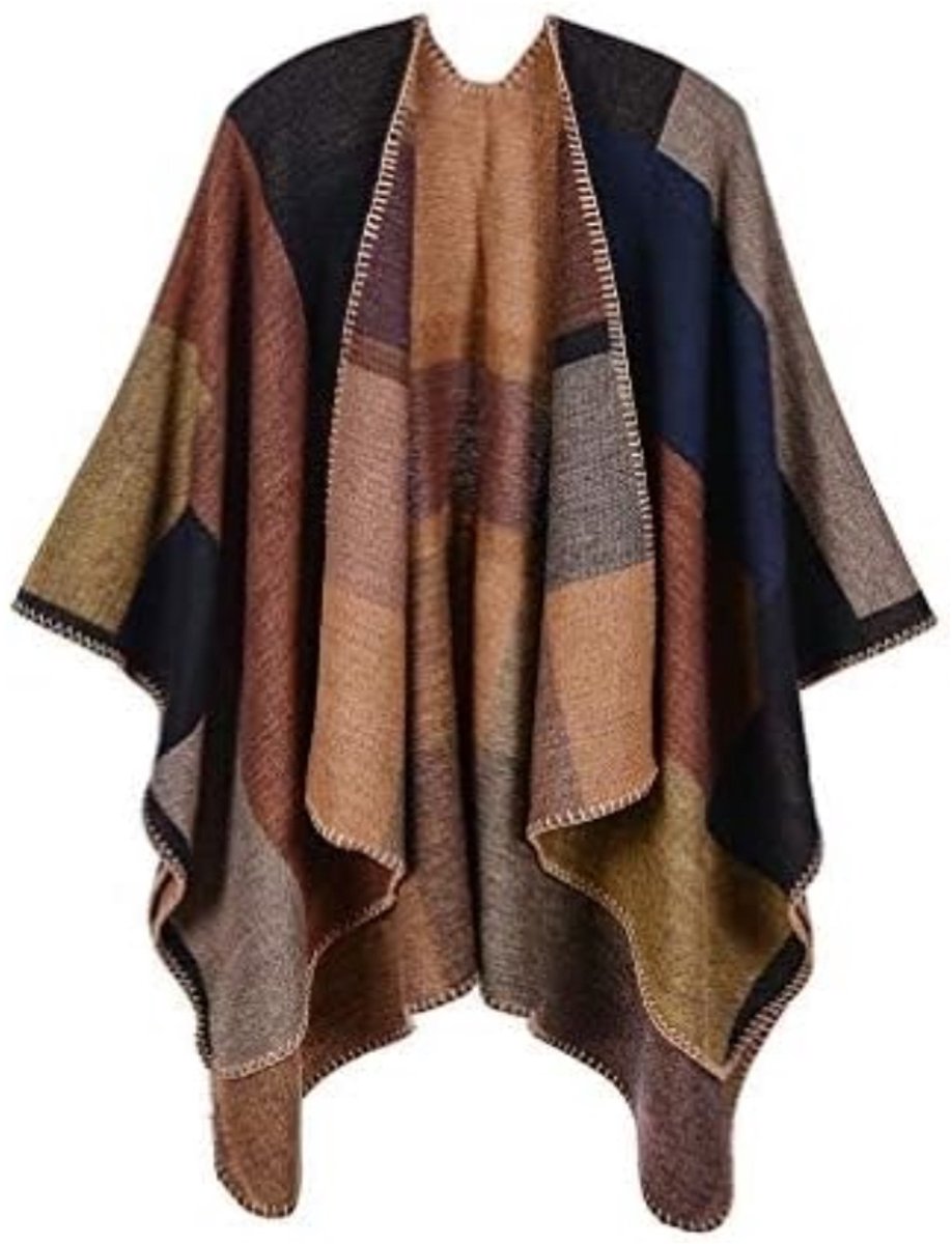 Dames poncho dames open voorkant winter gebreide jas Lady omkeerbare cape bedrukte oversized capes geruite gebreide deken tartan deken Boheemse geometrische patroon sjaal - 50% polyacryl, 50% polyester - Vierkante kaki
