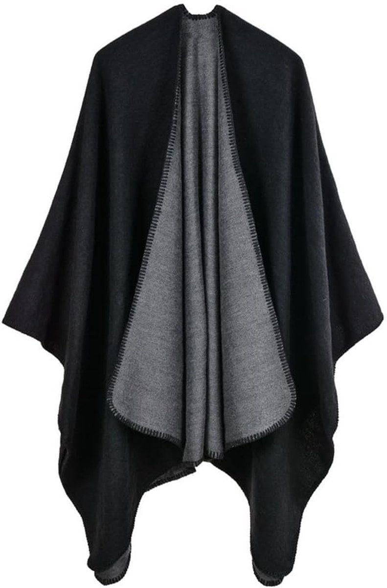 Dames poncho dames open voorkant winter gebreide jas Lady omkeerbare cape bedrukte oversized capes geruite gebreide deken tartan deken Boheemse geometrische patroon sjaal - 50% polyacryl, 50% polyester - 2-effen zwart