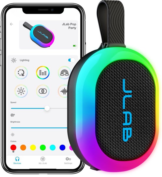 JLab Pop Mini Bluetooth Speaker Draadloos - Draagbare Muziekbox - 8 uur Batterijduur - 5 Watt - IPX6 Waterproof - Multipairing - Instelbare Party Lights - App Equalizer - Zwart
