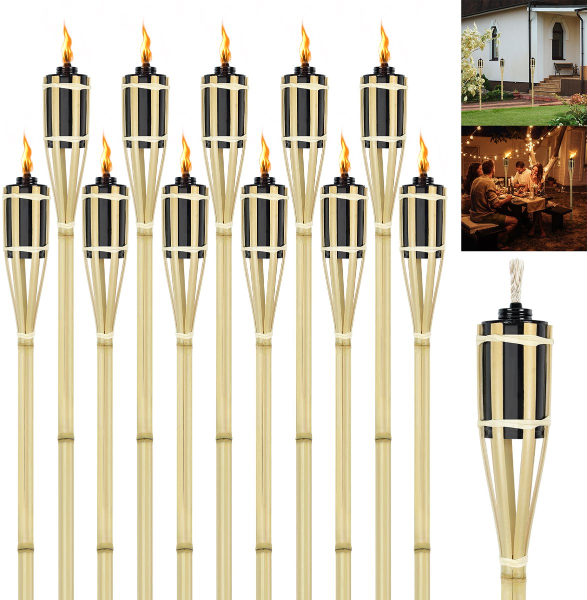 LZQ 12 Stuks Bamboe Tuinfakkels Bamboe Fakkels Voor Buiten Tuinfakkel Natuurlijke Sfeervolle Fakkel Olie Fakkels Tuin Hoogte 90 Cm Met Doekje Lampenolie Voor Fakkels Nakkervulbaar Tuindecor Olie Lamp