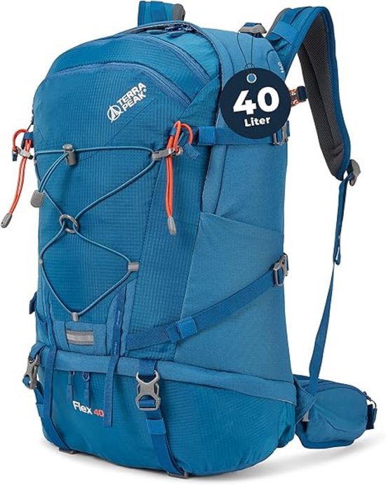 Sac à dos de randonnée Terra Peak Flex 40 Premium 40L, grand format avec ventilation dorsale, housse de pluie et porte-poche à eau, en mesh Air respirant – sac à dos de randonnée avec ceinture ventrale
