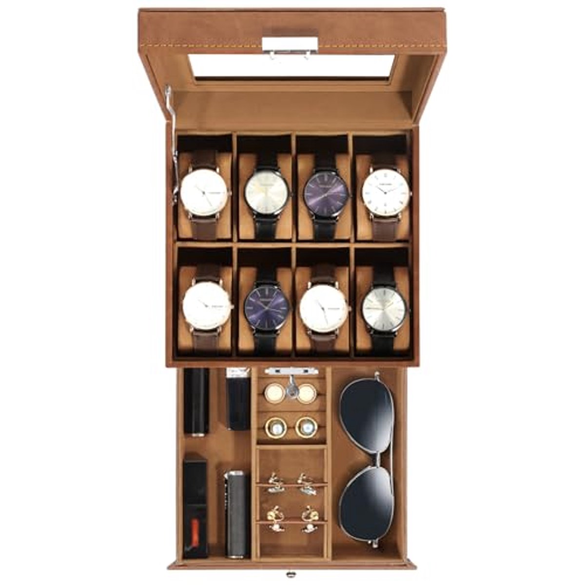 Horlogedoos met 8 Compartimenten - 2 Laags met Sleutelslot en Glazen Deksel - Elegante Houten Horlogeopberger voor Dames en Heren