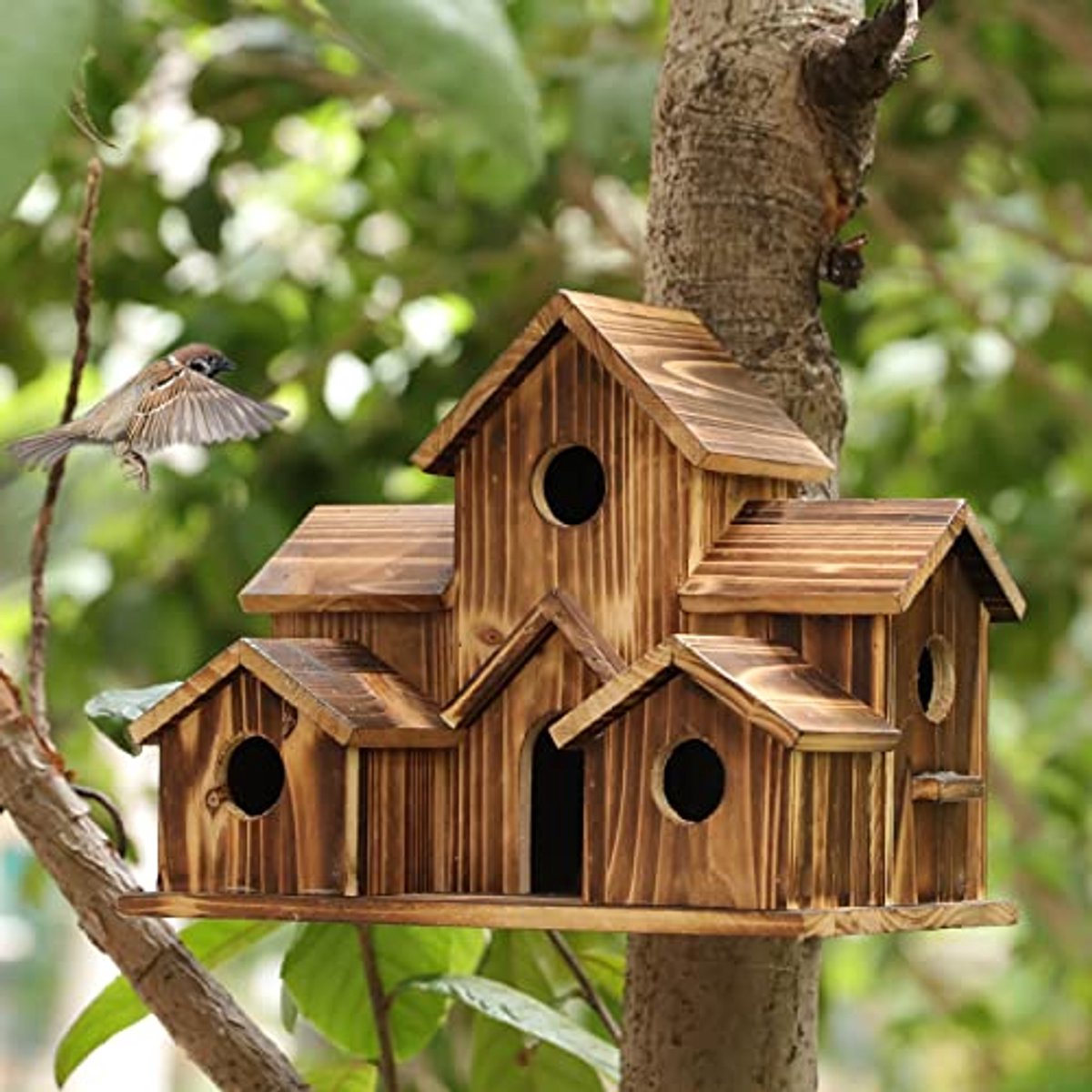 Houten Vogelhuisjes voor Buitengebruik - Handgemaakt Natuurlijke Vogelhuis met 6 Openingen voor Tuin/Courtyard/Patiodecoratie