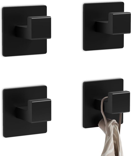 Handdoekhaken, zwart, 4 stuks, zelfklevende haken, vierkant, kleefhaken