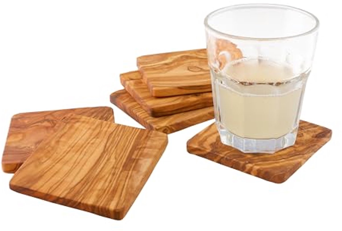 Vierkante onderzetters van olijfhout - Set van 6 - 9 cm