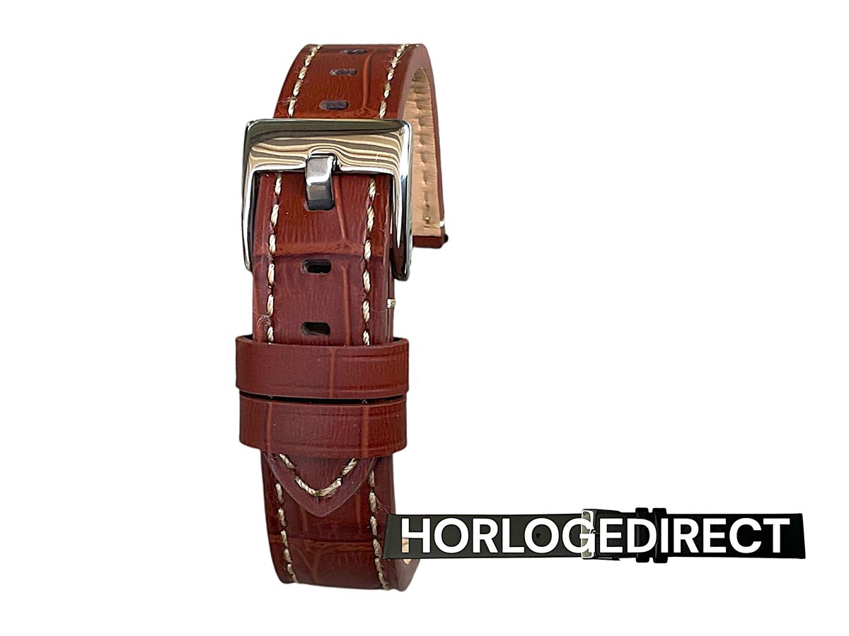 Horlogeband-horlogebandje-18mm-bruin-echt leer-gevuld-croco-wit gestikt-zacht-stalen gesp- 18 mm