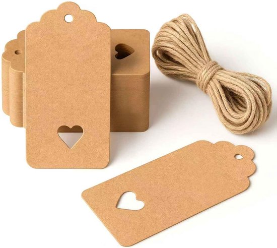 Kraft Karton Labels - 100 stuks - Met Jute Touw - Hart Kartonnen Cadeaulabels - Kraftpapier Naamkaartjes - Blanco Prijskaartjes - Gift Tags - Dik & Stevig - Beschrijfbare