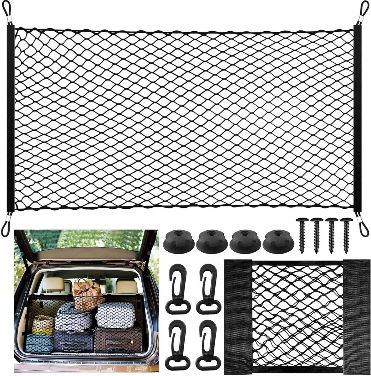 Allecto Premium - Bagagenet auto voor extra opbergruimte, 110x60cm, Stretch tot 140 * 100cm, Inclusief handige tas, Geschikt voor campers.