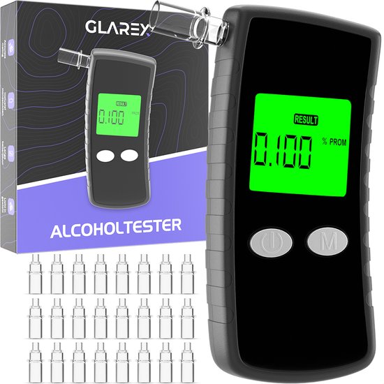 GLAREX® Alcoholtester ProLine - Incl. 25 Extra Mondstukken - Blaastest - Alcoholtesters - Alcoholmeter - Digitaal - Check - CE Gecertificeerd – Wettelijk Toegestaan In Nederland, Frankrijk, België Enz. - 2025 Model