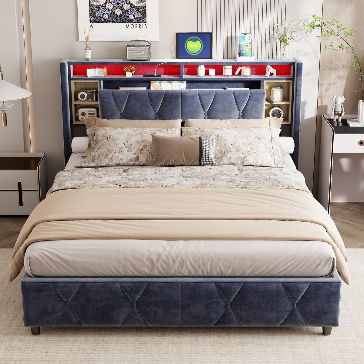 ROSAHQNDA LED Modern Opbergbed 140x200cm Modern Tweepersoonsbed met 2 USB-oplaadpoorten, Grijs Fluweel, Jeugdbed, Hydraulisch Functioneel Bed, Slaapkamerbed, Zonder Matras (Verpakking splitsen voor verzending)