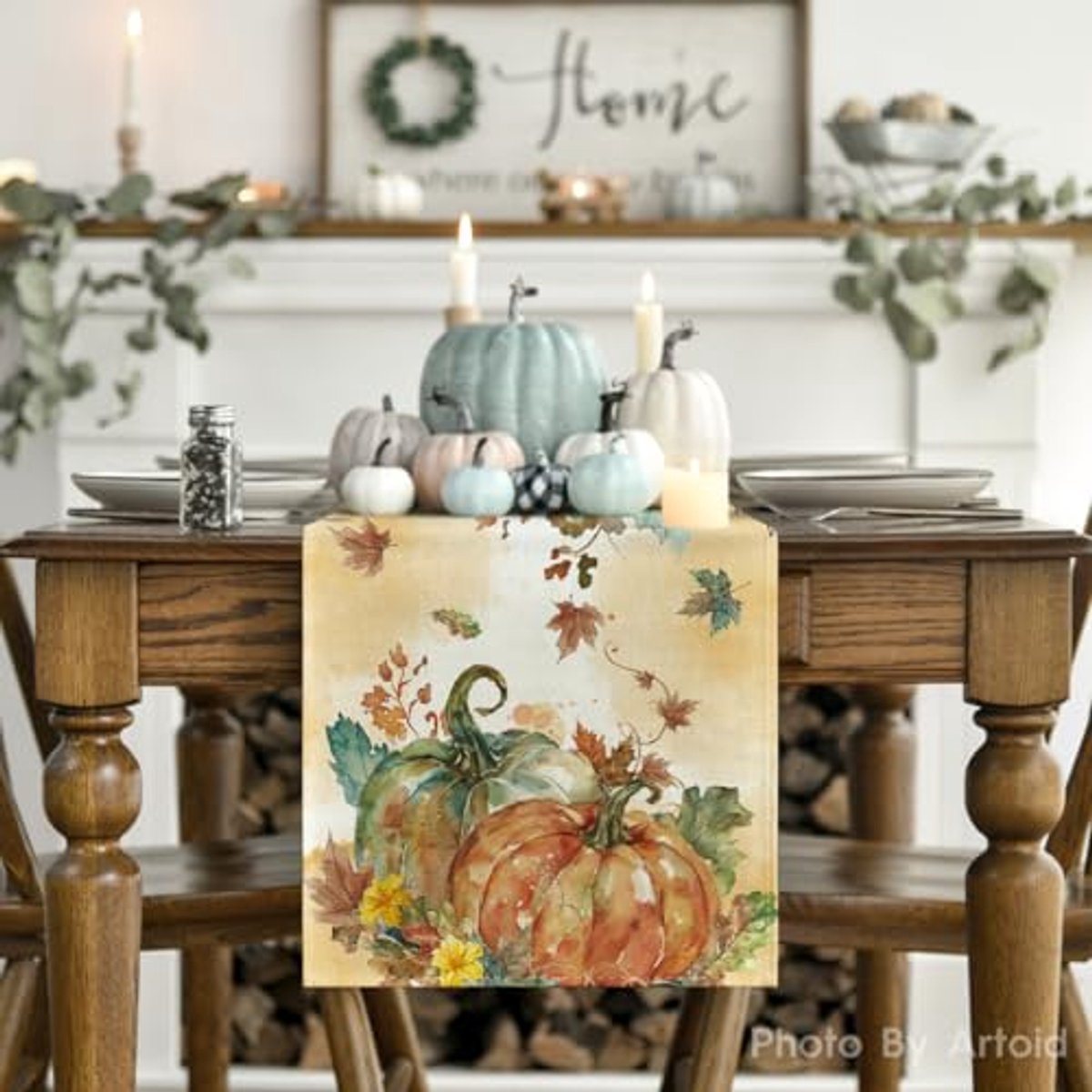 Tafelloper Herfst Aquarel met Bladeren en Pompoenen - Keuken & Woondecoratie