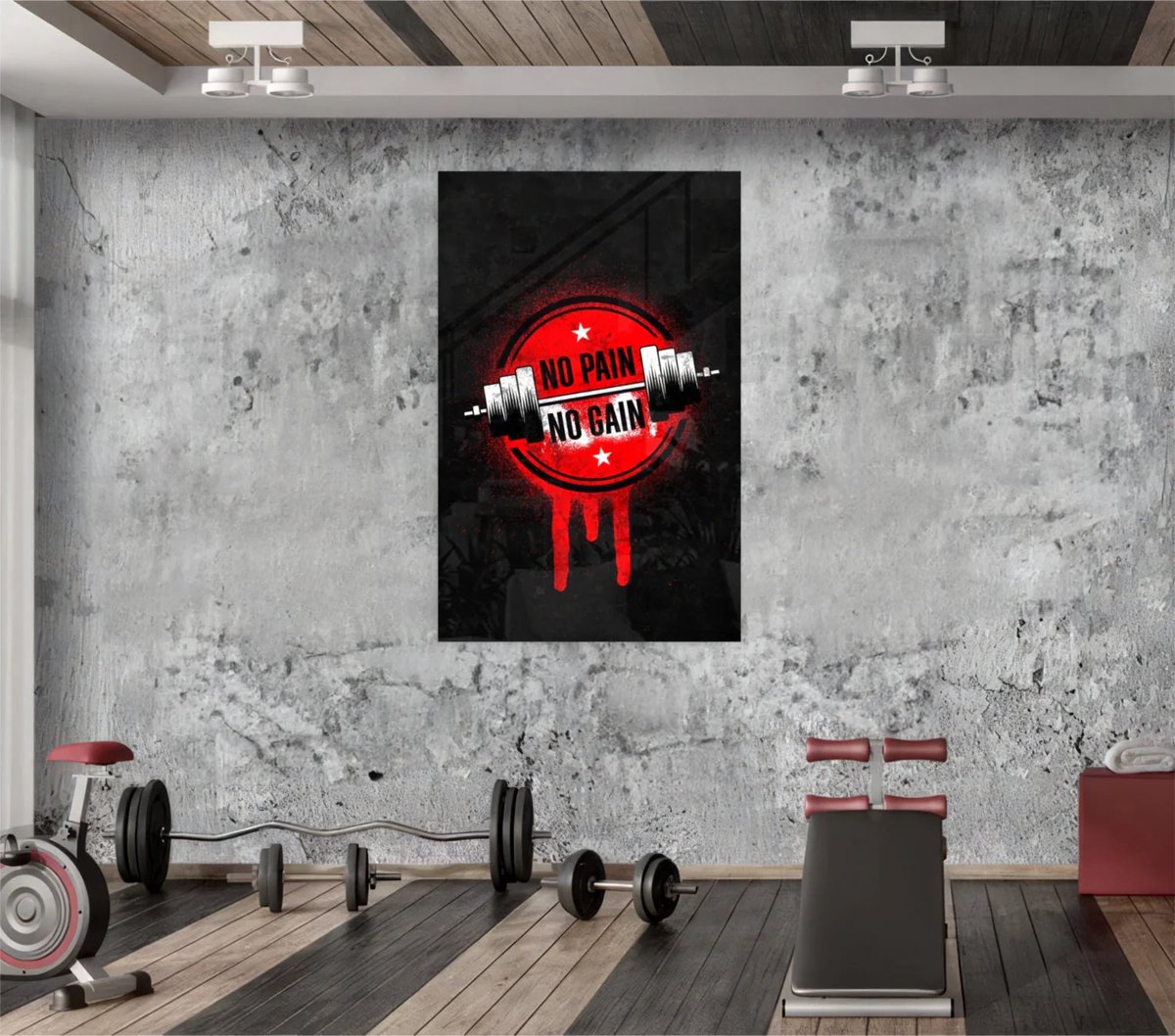 Glasschilderij No Pain No Gain – Motivatie Poster voor Gym of Fitnessruimte – Stoere Sport Wanddecoratie - 72x46 cm