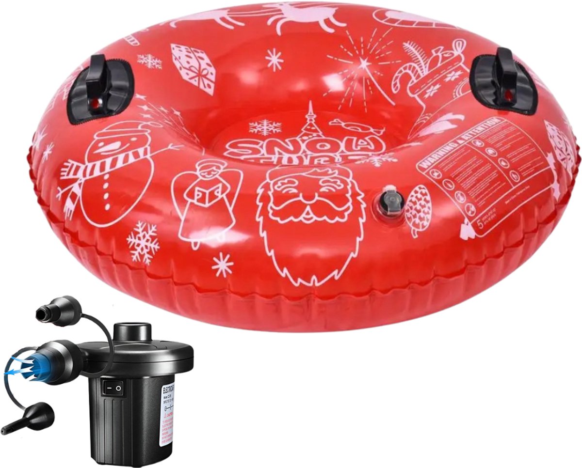 Jojoy - Opblaasbare Sneeuwglijder Slee Rood - 110 cm Diameter - Met Handvaten - Incl. Elektrische Luchtpomp - Winterplezier Kinderen - SNOWPUMPRED