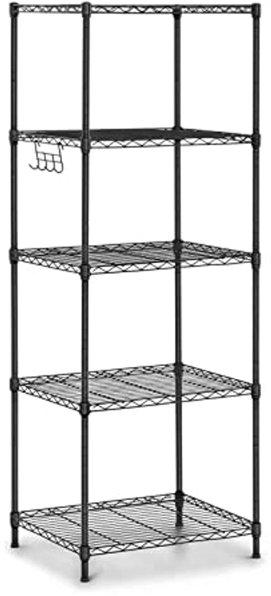 Metalen Opbergrek Met 5 Etages en 4 Haken - 150 kg Capaciteit - Zwart - 55 x 45 x 149,5 cm