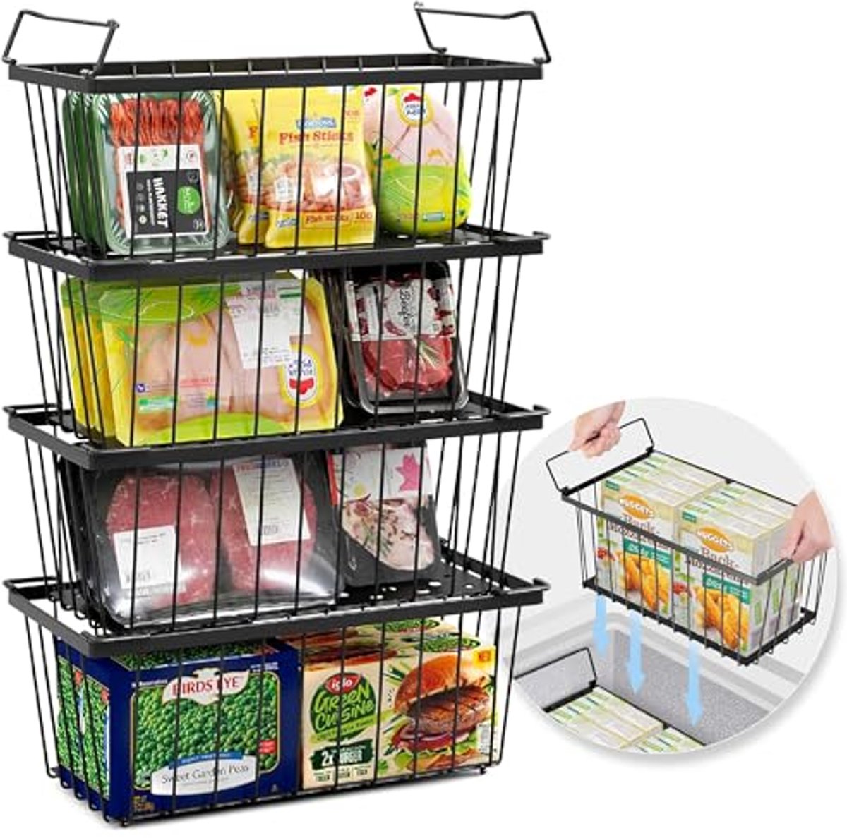 Stapelbare Vriezer Organizer Bakken - 4-Pack Roestvrijstalen Manden
